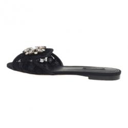 Pre Owned Dolce and Gabbana Black Lace Sofia Embellished Slides Size 39.5