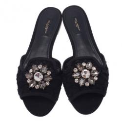 Pre Owned Dolce and Gabbana Black Lace Sofia Embellished Slides Size 39.5