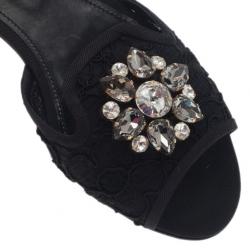 Pre Owned Dolce and Gabbana Black Lace Sofia Embellished Slides Size 39.5