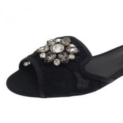Pre Owned Dolce and Gabbana Black Lace Sofia Embellished Slides Size 39.5