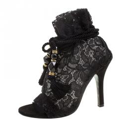مملوكة مسبقًا Dolce and Gabbana Black Lace Drawstring Tassel Peep Toe Booties Size 36