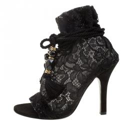 مملوكة مسبقًا Dolce and Gabbana Black Lace Drawstring Tassel Peep Toe Booties Size 36