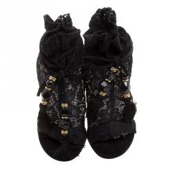 مملوكة مسبقًا Dolce and Gabbana Black Lace Drawstring Tassel Peep Toe Booties Size 36