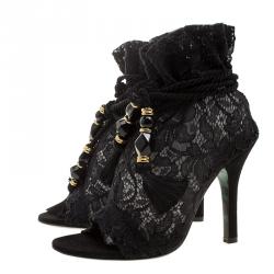 مملوكة مسبقًا Dolce and Gabbana Black Lace Drawstring Tassel Peep Toe Booties Size 36