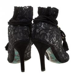 مملوكة مسبقًا Dolce and Gabbana Black Lace Drawstring Tassel Peep Toe Booties Size 36
