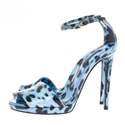 Pre Owned Dolce and Gabbana Blue Leopard Print Patent Ankle Strap Sandals Size 37