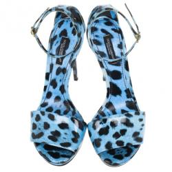 Pre Owned Dolce and Gabbana Blue Leopard Print Patent Ankle Strap Sandals Size 37