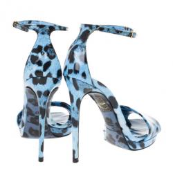 Pre Owned Dolce and Gabbana Blue Leopard Print Patent Ankle Strap Sandals Size 37