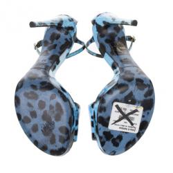 Pre Owned Dolce and Gabbana Blue Leopard Print Patent Ankle Strap Sandals Size 37