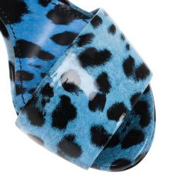 Pre Owned Dolce and Gabbana Blue Leopard Print Patent Ankle Strap Sandals Size 37