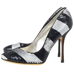 Pre Owned Dolce and Gabbana Black and Silver Sequin Pumps Size 38