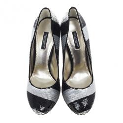Pre Owned Dolce and Gabbana Black and Silver Sequin Pumps Size 38