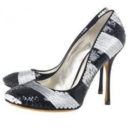 Pre Owned Dolce and Gabbana Black and Silver Sequin Pumps Size 37