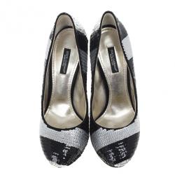 Pre Owned Dolce and Gabbana Black and Silver Sequin Pumps Size 37