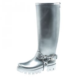 Pre Owned Dolce and Gabbana Metallic Silver Platform Rain Boots Size 37