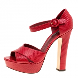 Pre Owned Dolce and Gabbana Red Embossed Lizard Leather Cross Strap Platform Sandals Size 41