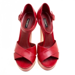 Pre Owned Dolce and Gabbana Red Embossed Lizard Leather Cross Strap Platform Sandals Size 41