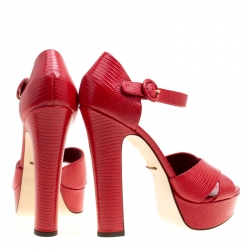 Pre Owned Dolce and Gabbana Red Embossed Lizard Leather Cross Strap Platform Sandals Size 41