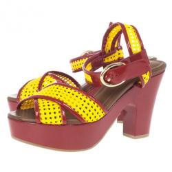 Pre Owned Dolce and Gabbana Red and Yellow Fluo Wedge Platform Sandals Size 37