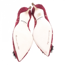 Pre Owned حذاء كعب عالي دولتشي أند غابانا مقدمة مدببة مزخرف كريستال بلوسي دانتيل بني محمر مقاس 39