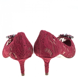 Pre Owned حذاء كعب عالي دولتشي أند غابانا مقدمة مدببة مزخرف كريستال بلوسي دانتيل بني محمر مقاس 39