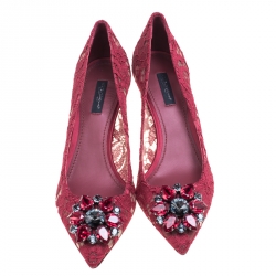 Pre Owned حذاء كعب عالي دولتشي أند غابانا مقدمة مدببة مزخرف كريستال بلوسي دانتيل بني محمر مقاس 39