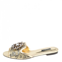 Pre Owned Dolce and Gabbana Gold Brocade Fabric Sofia Crystal Embellished Slides Size 38