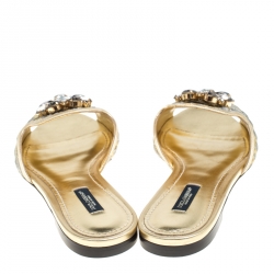 Pre Owned Dolce and Gabbana Gold Brocade Fabric Sofia Crystal Embellished Slides Size 38