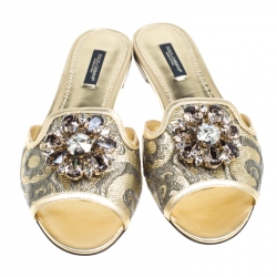 Pre Owned Dolce and Gabbana Gold Brocade Fabric Sofia Crystal Embellished Slides Size 38