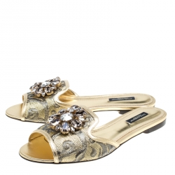 Pre Owned Dolce and Gabbana Gold Brocade Fabric Sofia Crystal Embellished Slides Size 38