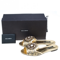 Pre Owned Dolce and Gabbana Gold Brocade Fabric Sofia Crystal Embellished Slides Size 38