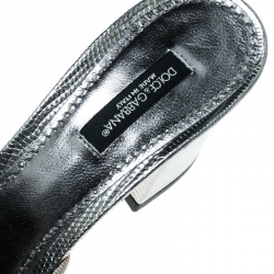 مملوكة مسبقًا Dolce and Gabbana Metallic Silver Embossed Lizard Leather Peep Toe Mules Size 36.5
