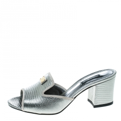 مملوكة مسبقًا Dolce and Gabbana Metallic Silver Embossed Lizard Leather Peep Toe Mules Size 36.5