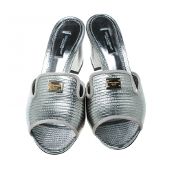 مملوكة مسبقًا Dolce and Gabbana Metallic Silver Embossed Lizard Leather Peep Toe Mules Size 36.5