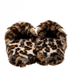 Pre Owned Dolce and Gabbana Brown Leopard Print Faux Fur Plush Flat Slides Size 39