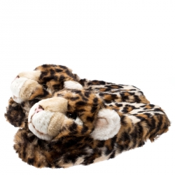 Pre Owned Dolce and Gabbana Brown Leopard Print Faux Fur Plush Flat Slides Size 39