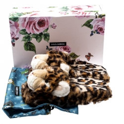 Pre Owned Dolce and Gabbana Brown Leopard Print Faux Fur Plush Flat Slides Size 39