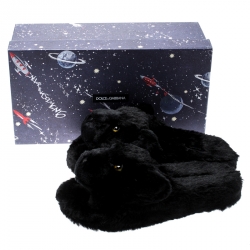 Pre Owned حذاء سلايدز دولتشي أند غابانا فلات قطيفة نمر فرو صناعي أسود مقاس 39