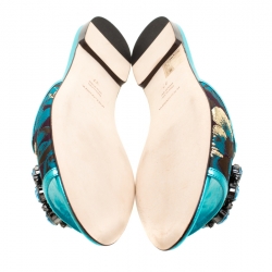 مملوكة مسبقًا Dolce and Gabbana Metallic Blue Brocade Fabric Sofia Crystal Embellished Flat Slides Size 37