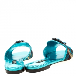 مملوكة مسبقًا Dolce and Gabbana Metallic Blue Brocade Fabric Sofia Crystal Embellished Flat Slides Size 37