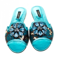 مملوكة مسبقًا Dolce and Gabbana Metallic Blue Brocade Fabric Sofia Crystal Embellished Flat Slides Size 37