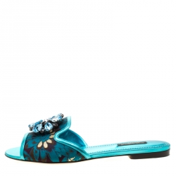 مملوكة مسبقًا Dolce and Gabbana Metallic Blue Brocade Fabric Sofia Crystal Embellished Flat Slides Size 37