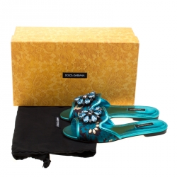 مملوكة مسبقًا Dolce and Gabbana Metallic Blue Brocade Fabric Sofia Crystal Embellished Flat Slides Size 37