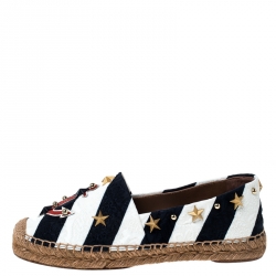 Pre Owned Dolce & Gabbana Blue/White Striped Brocade Fabric Star Studded Espadrilles Size 36
