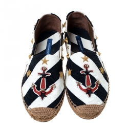 Pre Owned Dolce & Gabbana Blue/White Striped Brocade Fabric Star Studded Espadrilles Size 36