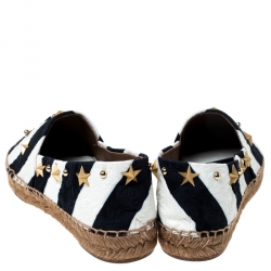 Pre Owned Dolce & Gabbana Blue/White Striped Brocade Fabric Star Studded Espadrilles Size 36