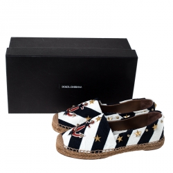 Pre Owned Dolce & Gabbana Blue/White Striped Brocade Fabric Star Studded Espadrilles Size 36