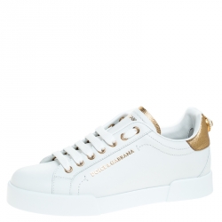 Dolce and Gabbana White/Gold Leather Portofino Pearl Embellished Low Top Sneakers Size 36.5