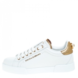 Dolce and Gabbana White/Gold Leather Portofino Pearl Embellished Low Top Sneakers Size 36.5