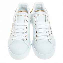 Dolce and Gabbana White/Gold Leather Portofino Pearl Embellished Low Top Sneakers Size 36.5